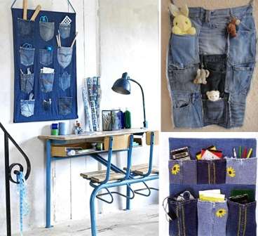 Gli organizzatori sono un'altra idea per cucire da vecchi jeans. Puoi cucire le tasche dei jeans su una tela monopezzo